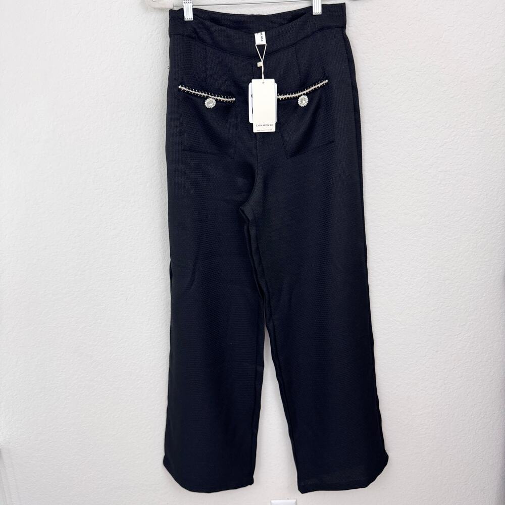 Commense Womens Wide Leg Trouser Pants Size M Bling Jewel Contemporary Black